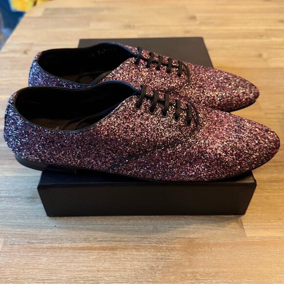 Saint Laurent YSL Glitter Lace-Up Oxford Shoes Size 40 Leather Unisex NIB COA - Picture 9 of 11